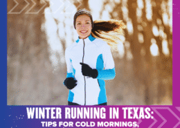 A woman wearing a white and blue jacket, gloves, and a headband jogs outdoors in a winter setting. Text reads: "Winter Running Texas: Cold morning running tips, daylight, and layering for running. Austin Marathon Half Marathon & 5K