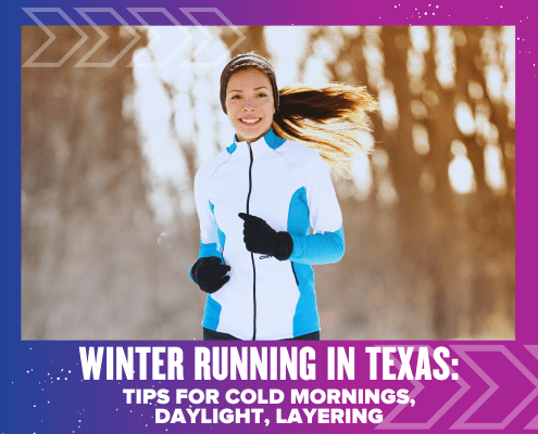 A woman wearing a white and blue jacket, gloves, and a headband jogs outdoors in a winter setting. Text reads: "Winter Running Texas: Cold morning running tips, daylight, and layering for running. Austin Marathon Half Marathon & 5K