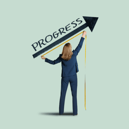 A woman in a business suit stands holding a measuring tape, reaching up to touch an upward-pointing arrow labeled "PROGRESS," symbolizing the importance of Setting Mini Goals on a light green background. Austin Marathon Half Marathon & 5K