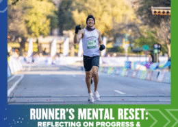 A smiling runner in a race, wearing a white tank top and black gloves, lifts his arms in celebration as he nears the finish line—capturing the power of a runner’s mental reset by reflecting on progress and setting mini goals. Austin Marathon Half Marathon & 5K