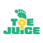 Logo for "Toe Juice" featuring a green footprint above the word "TOE," with the "O" replaced by a yellow lemon slice and drop. "JUICE" appears in green below on a white background. Become a sponsor to support this refreshing brand!. Austin Marathon Half Marathon & 5K
