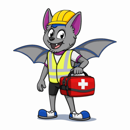 A cartoon bat wearing a yellow hard hat, a reflective safety vest, and sneakers, holding a red first aid kit with a white cross—smiling as if ready to teach race training or explain running rules, standing confidently on two legs. Austin Marathon Half Marathon & 5K