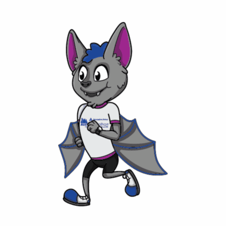 A cartoon bat with blue hair and gray wings is wearing a white T-shirt, black shorts, and sneakers, and is happily running, excited to change race distance while following all running rules. Austin Marathon Half Marathon & 5K