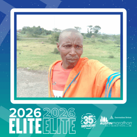 A man in an orange jacket stands outside on a grassy field. The image is framed with graphics celebrating the 2026 Austin Marathon & 5K 35th anniversary, highlighting the 
