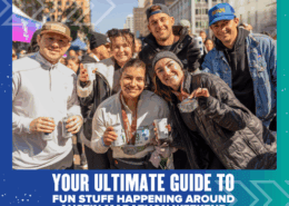 A group of smiling people wearing medals pose together outdoors, holding drinks, at an event. The text reads: "Your ultimate guide to fun stuff happening around Austin Marathon weekend. Austin Marathon Half Marathon & 5K