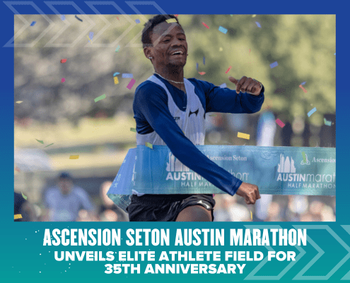 A smiling elite athlete crosses the finish line with arms raised at the Austin Marathon, breaking the blue race tape. Text announces the unveiling of the elite field for the 35th Anniversary event. Austin Marathon Half Marathon & 5K