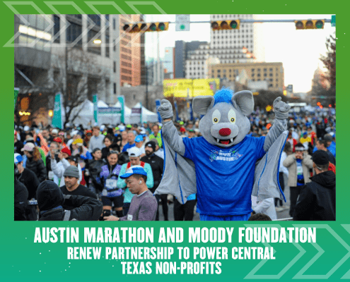 A person in a gray bat mascot costume stands with arms raised among Austin Marathon runners at a city event. Text highlights a partnership with Moody Foundation to benefit Central Texas Non-Profits. Austin Marathon Half Marathon & 5K