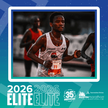A focused male runner in a white tank top with bib number 11 competes among the Elite Group. Other runners are visible behind him. The image features a 