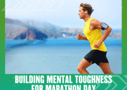 A man in a yellow sleeveless shirt runs outdoors near water with mountains behind him. Text at the bottom reads, "Building mental toughness for marathon day. Austin Marathon Half Marathon & 5K