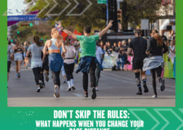 A group of runners participating in a race with one person raising both arms; text below reads, “DON'T SKIP THE RUNNING RULES: WHAT HAPPENS WHEN YOU CHANGE YOUR RACE DISTANCE.”. Austin Marathon Half Marathon & 5K