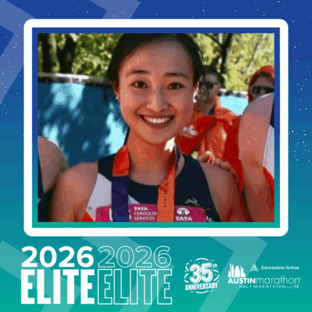 A smiling runner wearing a medal poses for a photo. The image has a blue-green border with 