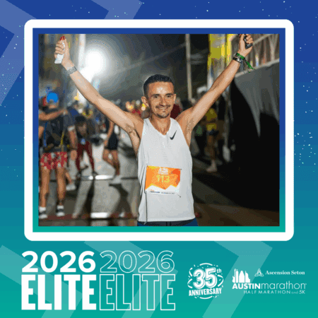 A man with his arms up stands proudly, with an elite group of people gathered in the background, looking towards 2026. Austin Marathon Half Marathon & 5K