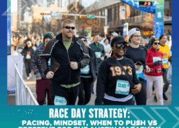 Runners smiling and walking at the Austin Marathon, wearing race bibs and cold-weather gear, with a city street and spectators in the background. Text below reads: "Race Day Strategy: Pacing, Mindset, When to Push vs Preserve. Austin Marathon Half Marathon & 5K