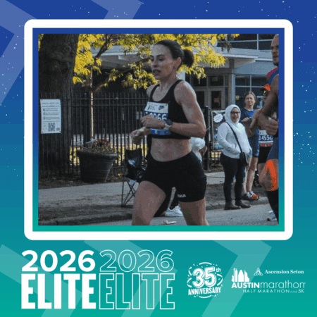 A female runner in athletic gear competes in a road race alongside the Elite Group, with spectators and other runners in the background. The image promotes the 2026 Austin Marathon & Half Marathon 35th Anniversary event. Austin Marathon Half Marathon & 5K