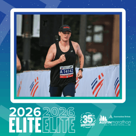 A male runner in a black tank top and cap runs in a race, wearing a bib labeled A14142. The image promotes the 2026 Austin Marathon’s 35th anniversary, inviting you to meet the Elite Group, with 