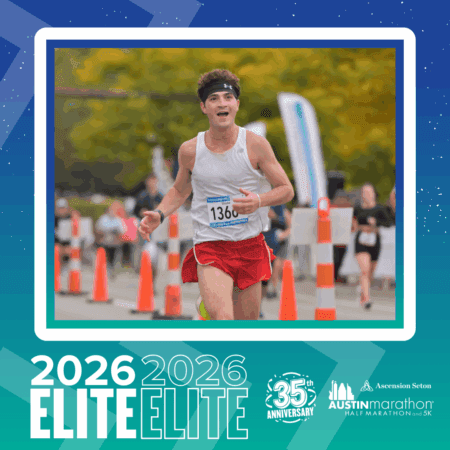 A male runner in a white tank top, red shorts, and race bib 1360 competes in the 2026 Austin Marathon and 5K 35th Anniversary. Meet Your Elite Group with event logos and graphics celebrating this milestone race. Austin Marathon Half Marathon & 5K