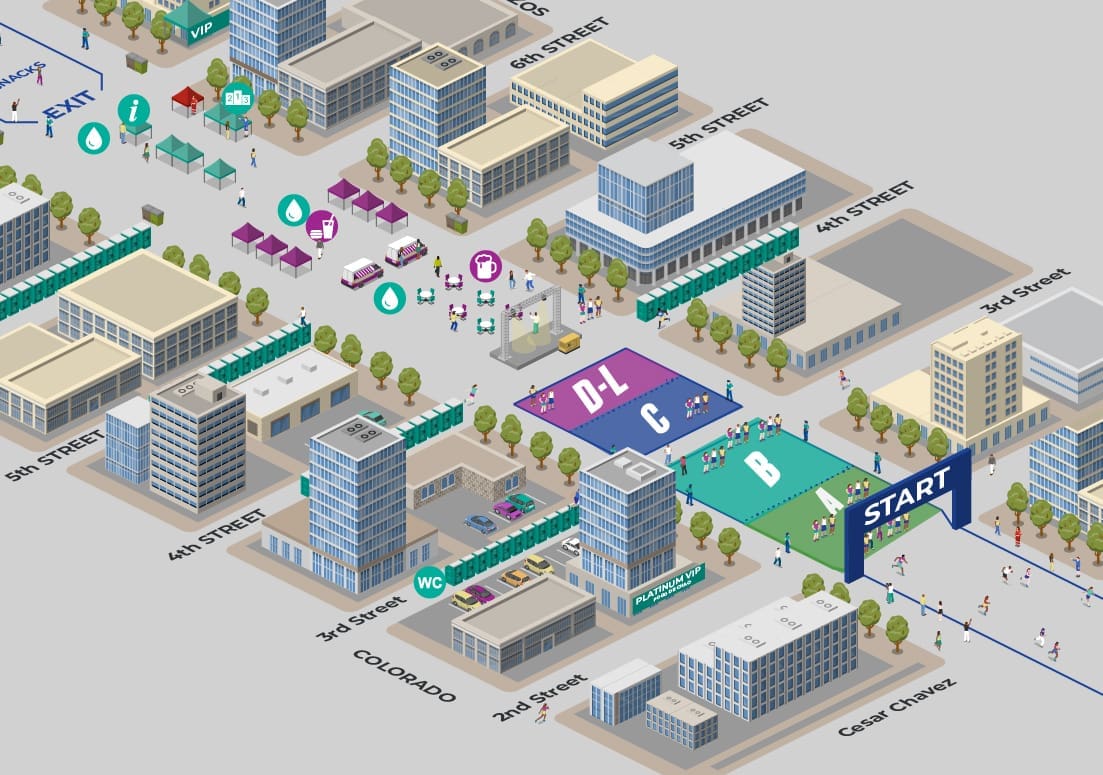 Isometric map of a city event showing people, tents, information and medical stations, restrooms, event zones D, L, C, B, and the Austin Marathon Start Corrals at the race’s starting line near Cesar Chavez and Colorado streets. Austin Marathon Half Marathon & 5K