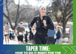 A woman in athletic gear smiles while running outdoors in the Austin Marathon. Other runners are visible in the background. The text reads, "Taper Time: How to do it right for marathon training. Austin Marathon Half Marathon & 5K