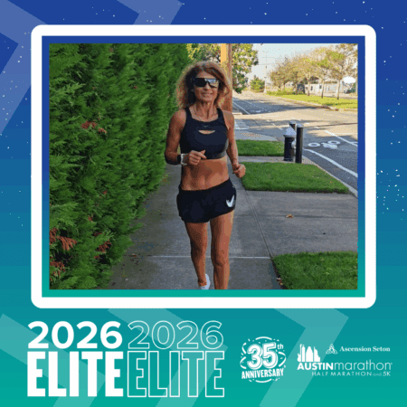 A woman in athletic wear jogs on a sidewalk beside green bushes and a street, representing the elite group for the 2026 Austin Marathon’s 35th anniversary. “2026 Elite” and event logos appear in a teal border. Austin Marathon Half Marathon & 5K