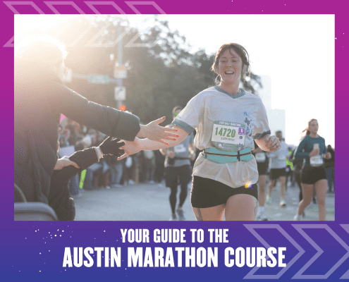 A smiling runner in a race bib high-fives a spectator during the Austin Marathon. The image is framed with purple borders and arrows, with white text at the bottom reading, "Your Guide to the Austin Marathon Course. Austin Marathon Half Marathon & 5K