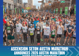 A group of people in the Austin Marathon participate together, supporting the Ascension Seton Charity Program. Austin Marathon Half Marathon & 5K