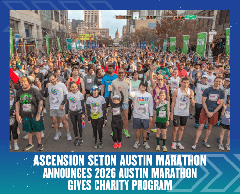 A group of people in the Austin Marathon participate together, supporting the Ascension Seton Charity Program. Austin Marathon Half Marathon & 5K