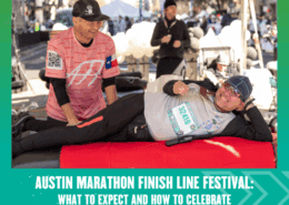 A smiling man in running gear lies on a red massage table as another man massages his leg at the Austin Marathon Finish Line Festival, celebrating amid the lively crowd and festive tents in the background. Austin Marathon Half Marathon & 5K
