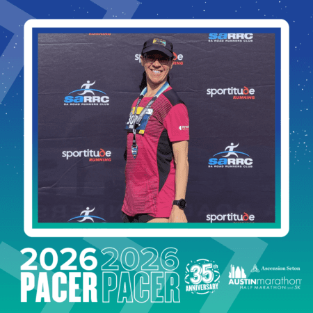 A smiling runner in a pink and black shirt poses with a medal in front of SA RRC and Sportitude Running logos, highlighting their role in the Pacer Group as a 2026 Austin Marathon pacer for the event’s 35th anniversary. Austin Marathon Half Marathon & 5K