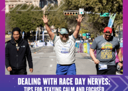 Three smiling runners cross a race finish line together under sunny skies; the person in the center raises both arms in triumph. Below, text reads: "Dealing With Race Day Nerves: Essential race day tips to stay calm and focused. Austin Marathon Half Marathon & 5K