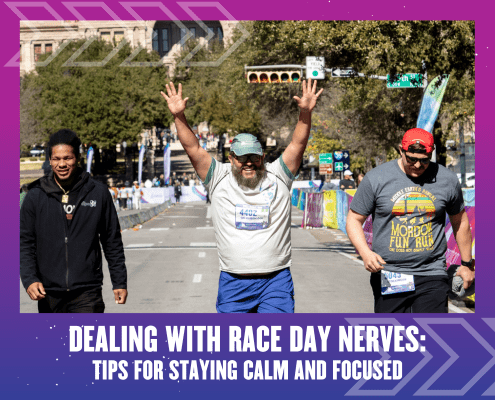 Three smiling runners cross a race finish line together under sunny skies; the person in the center raises both arms in triumph. Below, text reads: "Dealing With Race Day Nerves: Essential race day tips to stay calm and focused. Austin Marathon Half Marathon & 5K