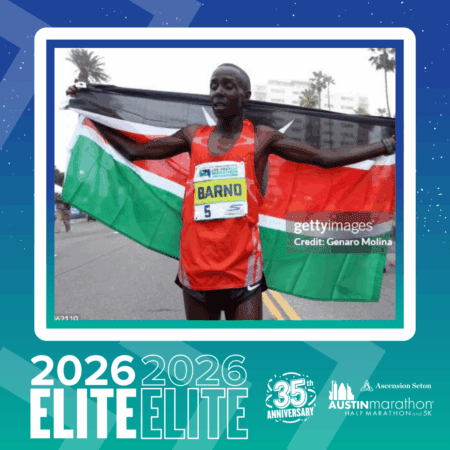 A marathon runner in a red jersey and bib number 5 holds up a Kenyan flag, smiling after finishing the race. The image celebrates the 2026 Austin Marathon 35th anniversary and highlights its elite group of runners. Austin Marathon Half Marathon & 5K