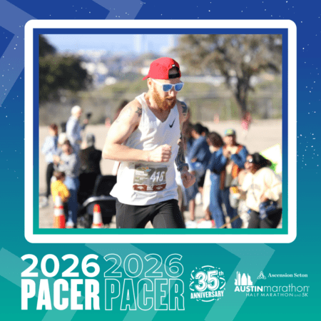 A bearded runner in a white tank top, red cap backwards, and sunglasses races past cheering spectators. Text below reads 