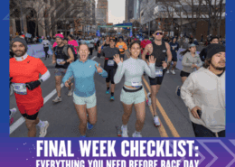 A crowd of runners smile and wave as they participate in a city race. Text at the bottom reads: "Race Day Ready: Use our final week checklist to ensure you have everything you need before stepping up to the starting line. Austin Marathon Half Marathon & 5K