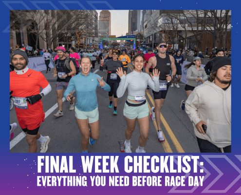 A crowd of runners smile and wave as they participate in a city race. Text at the bottom reads: "Race Day Ready: Use our final week checklist to ensure you have everything you need before stepping up to the starting line. Austin Marathon Half Marathon & 5K