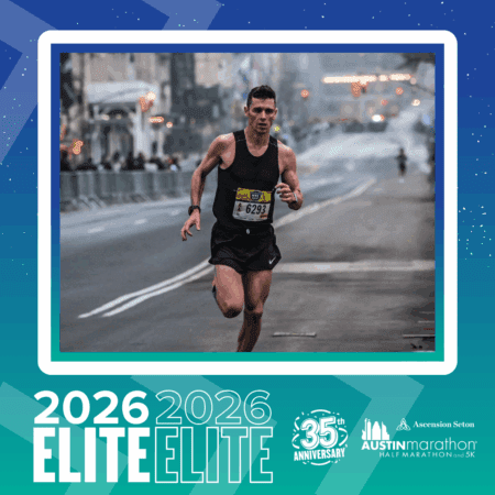 A male runner from the Elite Group, wearing a black tank top and shorts with bib number 6293, races down a city street. Barriers and spectators line the background, celebrating the 2026 Austin Marathon's 35th anniversary. Austin Marathon Half Marathon & 5K