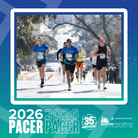 A Pacer Group of marathon runners, each wearing a bib, run down a sunlit street lined with trees during the Austin Marathon. Text below reads: 