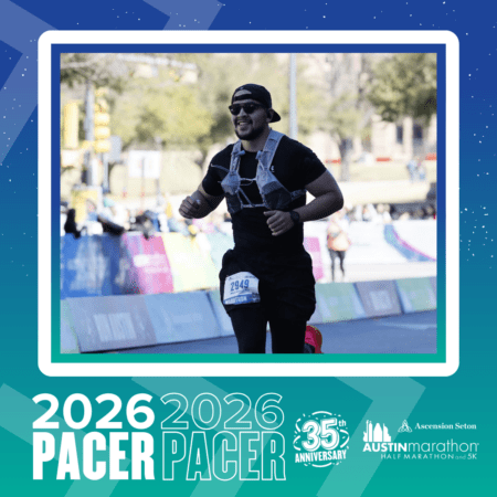 A smiling runner wearing sunglasses, a black cap, and race gear runs during the Austin Marathon. The image frame includes text: 