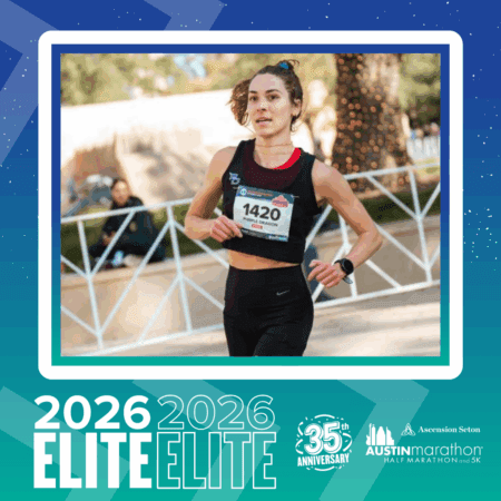 A female runner wearing race bib 1420 is competing outdoors. Focused, with trees and a white fence behind her, she’s highlighted as part of the Elite Group for the 2026 Austin Marathon & 5K 35th anniversary. Austin Marathon Half Marathon & 5K