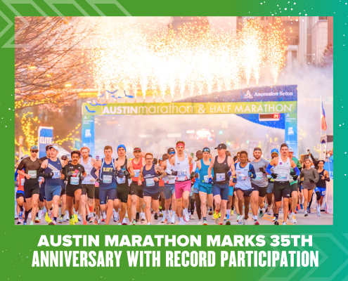 Runners start the Austin Marathon under a banner with fireworks overhead, celebrating its 35th anniversary with record-breaking participation. Bold text at the bottom highlights this milestone event. Austin Marathon Half Marathon & 5K