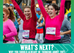 Two women in pink tops, smiling and raising their arms as they run a race, surrounded by other runners. Text below reads, "WHAT'S NEXT? Why strategic planning for 2027 should already be on your radar. Austin Marathon Half Marathon & 5K