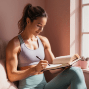 A woman in athletic wear sits by a sunlit window, smiling as she writes in her journal—perhaps reflecting on her recent 5K run. She appears relaxed and focused, with a pastel pink wall and a small potted plant beside her. Austin Marathon Half Marathon & 5K