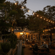 People sit at wooden picnic tables in an outdoor patio at dusk, surrounded by trees and string lights. This cozy wooden building, glowing with an "OPEN" sign, is one of the best patio spots to enjoy Spring in Austin. Austin Marathon Half Marathon & 5K