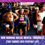 A group of runners, some sweating and catching their breath, walk after a race. In the foreground, a woman stands with her hands on her head, looking tired but determined. Text reads, “How running builds mental toughness for everyday life.”. Austin Marathon Half Marathon & 5K