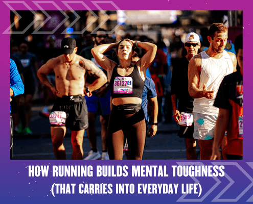 A group of runners, some sweating and catching their breath, walk after a race. In the foreground, a woman stands with her hands on her head, looking tired but determined. Text reads, “How running builds mental toughness for everyday life.”. Austin Marathon Half Marathon & 5K