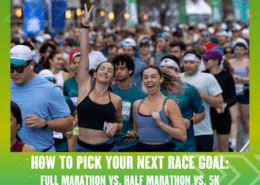 A crowd of runners at a race start line, with two smiling women in front cheering and flashing peace signs. Text at the bottom reads, “How to Pick Your Next Race Goal: Full Marathon vs. Half Marathon vs. 5K.”. Austin Marathon Half Marathon & 5K
