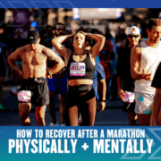 Runners appear exhausted at a marathon finish line, with one woman holding her head and others catching their breath. Text below reads: "How to tackle physical and mental recovery: Tips for post marathon rejuvenation. Austin Marathon Half Marathon & 5K