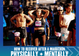 Runners appear exhausted at a marathon finish line, with one woman holding her head and others catching their breath. Text below reads: "How to tackle physical and mental recovery: Tips for post marathon rejuvenation. Austin Marathon Half Marathon & 5K