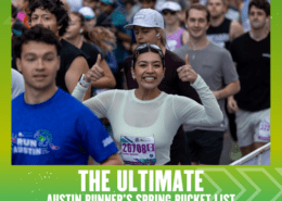 A smiling woman gives two thumbs up while running in a crowded race. She wears a race bib and white long-sleeve top, surrounded by fellow Austin runners. Text below reads, "The Ultimate Austin Runner's Spring Bucket List. Austin Marathon Half Marathon & 5K