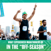 A smiling runner wearing sunglasses and a green headband raises both arms in celebration during a race, surrounded by other participants. Text below reads: "What experienced marathoners do in the off-season. Austin Marathon Half Marathon & 5K