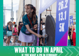 A smiling runner hits a large gong at the race finish area. She wears a medal and race bib, with a crowd and distance markers (26.2, 13.1, 5K) in the background. Text reads: "What to do in April if you want a PR in February. Austin Marathon Half Marathon & 5K